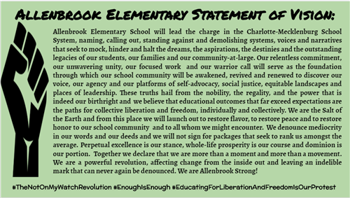 Allenbrook Elementary Statement of Vision.  Fist in air.  Not on our watch.  Enough is enough.